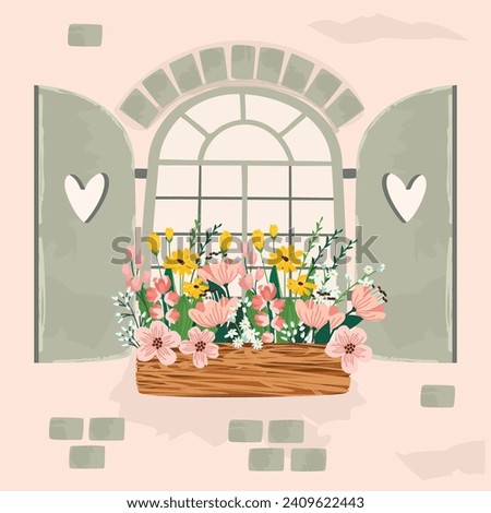 Vintage background with window,shutters with hearts and flowers.Wall with brickwork and floral bouquet in flowerpot.Grunge print on fabric and paper,banner template.Hand drawn vector illustration.