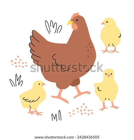 Funny cartoon print with chicken and chicks.Animal silhouettes with linear elements.Farm or home birds isolated on white.Cute pets for use in card,banner template,poster,cover.Hand drawn illustration.