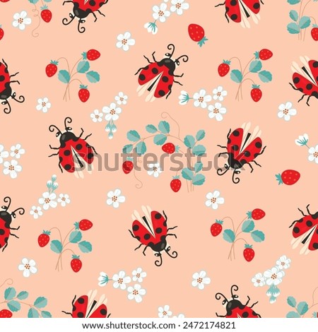 Cartoon seamless pattern with ladybug and strawberry fruits,leaves,flowers.Floral background with cute spotted ladybird.Print on fabric and paper.Vector design for use in banner,nursery decor,cover.