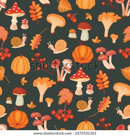 Autumn season seamless pattern with mushrooms,snail,pumpkin and fall leaves.Cartoon background with wild plants and cute animal.Vector design with farm fruit and forest harvest.Endless wallpaper,cover