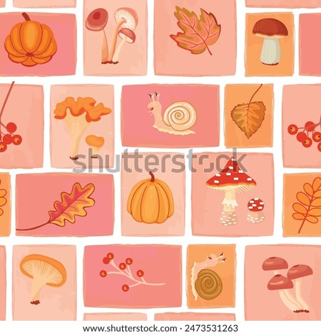 Autumn mosaic seamless pattern with mushrooms, ripe pumpkins,fall leaves,berries and snail.Cartoon background with grunge rough shapes.Vector design with autumn harvest for card,banner,cover,fabric.