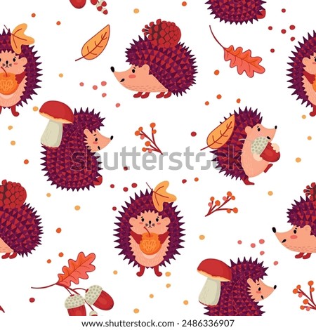 Autumn seamless pattern with  cartoon hedgehogs,mushroom,acorn,apple,cone.Funny background with wild animal characters and fall leaves.Vector graphic designs set isolated on white.Printing on fabric. 