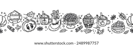 Vector graphic border with pumpkin spice linear elements.Horizontal banner with autumn icons.Fruits, latte, leaves, pies, cupcake, tart,cinnamon and cloves.Black and white seamless pattern with bake.