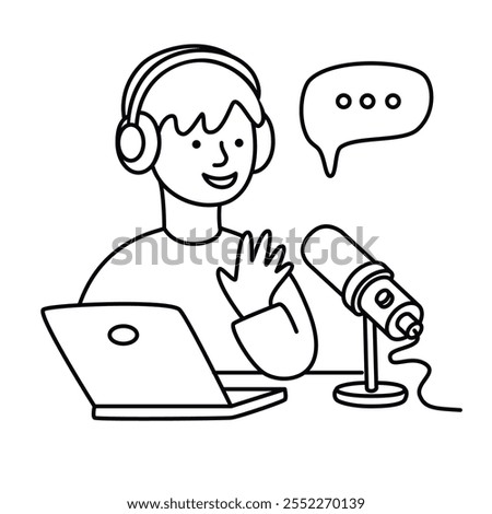 Male podcaster talking to microphone recording podcast.Online radio broadcast.Young guy blogger sitting with a laptop making media record in studio .Vector graphic illustration.Podcast concept.