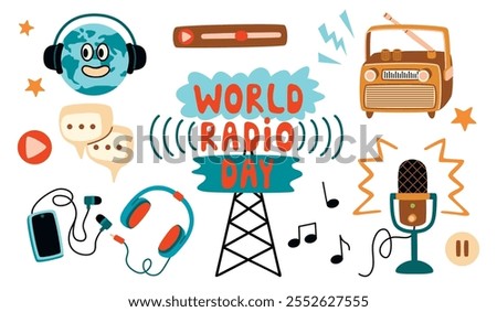 World Radio Day cartoon collection of microphone, receiver, globe, headphones, smartphone, speech bubbles, musical notes, play and pause buttons.Vector designs set isolated on white.Flat  illustration