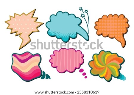 Cartoon collection of footnotes for text.Colorful speech bubbles of different shapes and textures.Vector designs isolated on white background.Abstract shapes for use in banner,card.Flat illustration.