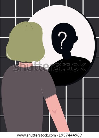 A teenager of undetermined gender looks in the mirror, but does not see his own reflection. Search for yourself, an attempt to determine your gender. teenage problems. Self-rejection. Who am I?