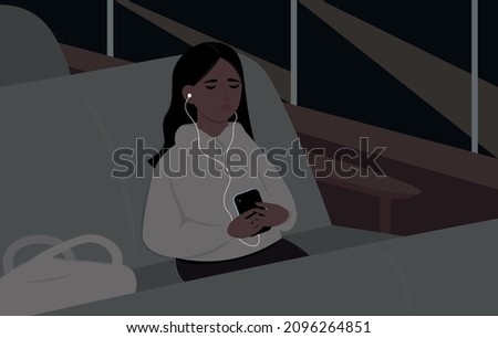 A young woman rides at night in an intercity bus. A girl riding on a train dozed off while listening to music from her smartphone. Flat vector illustration