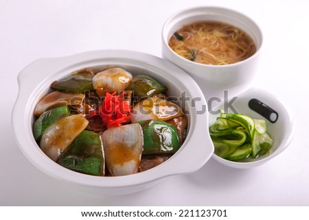 photo of vegetarian complex dinner in white bowls closeup, white background