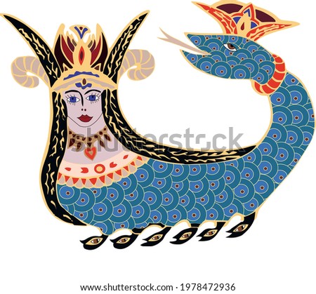 Shahmaran or Shah Maran Drawing Mythological figure from Anatolia Snake Lady vector drawing, mythologies illustration, ancient history legends 