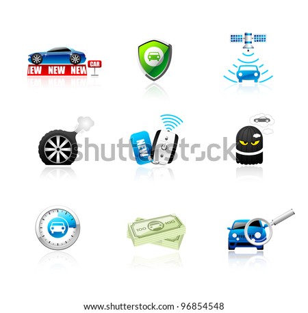 Car icons set. Different types of car topics including insurance, finance, service and sales. This illustration contains transparencies, AI10 EPS.