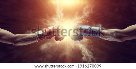 Two male hands in boxing gloves. Sports confrontation. 3d image