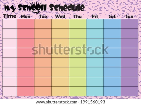 School timetable for 7 days. Bright multicolored rainbow table. Large table with many cells and a cell for time. Vector