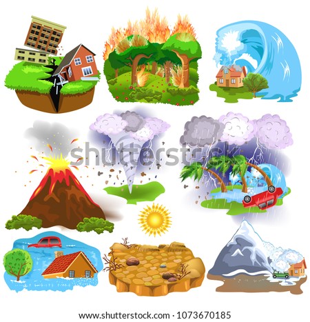 Natural Disasters icons like earthquake, tsunami, hurricane, avalanche, drought, tornado isolated on a white background