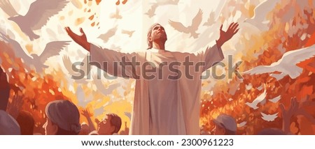 Biblical vector illustration series, Pentecost also called Whit Sunday, Whitsunday or Whitsun. It commemorates the descent of the Holy Spirit upon the Apostles and other followers of Jesus Christ