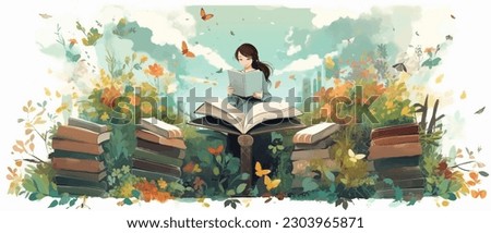 Young woman opening a huge open book surrounding the many flowers, leaves, plants. Back to school, library concept design. Vector illustration, poster and banner Book festival concept