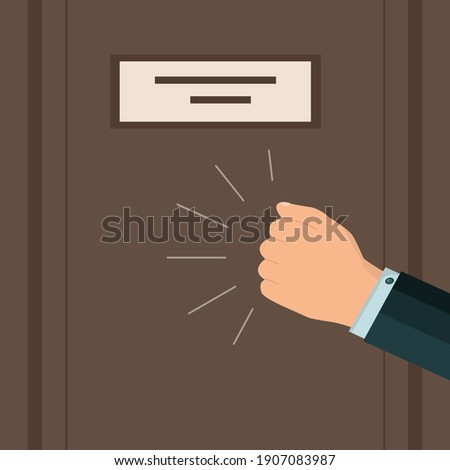 A knock on the door. A businessman's hand or fist is knocking. Please allow me to enter the room. Vector. Flat style. Foto d'archivio © 