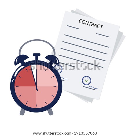 Contract and alarm clock. The document is about to expire. The concept of controlling or scheduling time to sign a new contract. Time is running out. Vector illustration. Flat style.