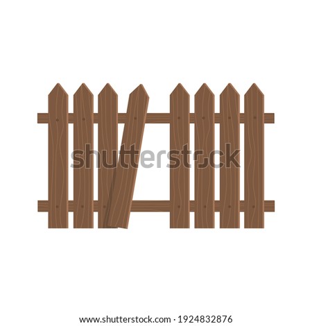 Wooden fence. Determination of the border. One board is broken off. A hole in the fence. Isolated element on white. Vector image.