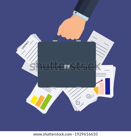 Businessman's hand holds a briefcase. Documents, charts, diagrams behind. Office work concept, classic suitcase with business documents, contracts and additional agreements. Vector