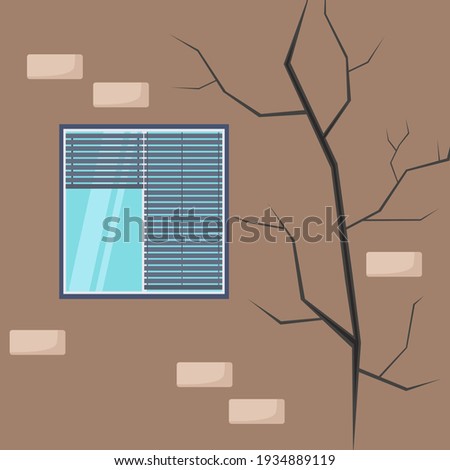 Crack on the wall of the house. Damaged plaster near the window. Defect concept, destruction of a building, repair or construction work. Bad, old condition of the house. Vector illustration.