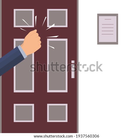 A knock on the door. The hand or fist of a businessman, manager, courier, postman is knocking. Visit. The requirement to enter the room. Vector image