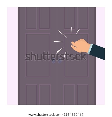 A knock on the door. The man's hand is knocking on the door. Please allow me to enter the room. Office space. Close-up. An assertive, persistent businessman, client, manager, guest or salesperson.  Foto d'archivio © 