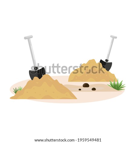 Two shovels, soil and sand. Garden tools. The concept of spring, field, agricultural and construction work. Earth, heap, dirt and tools. A hole  dug in the ground. Vector 