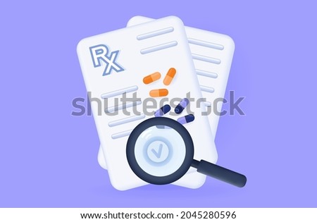 3d prescription pad rx paper. Authentication, control check. Search diagnosis, medical form with medications. The concept of prescribing a dose of pills, capsule with stamp on a prescription. Vector