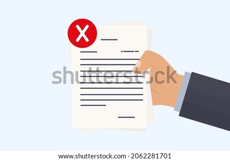 Rejected document, refusal. The businessman holds in hand inoperative, overdue document. Checking for a declined sheet. Page with denial and negative result. Financial data was rejected. Vector 