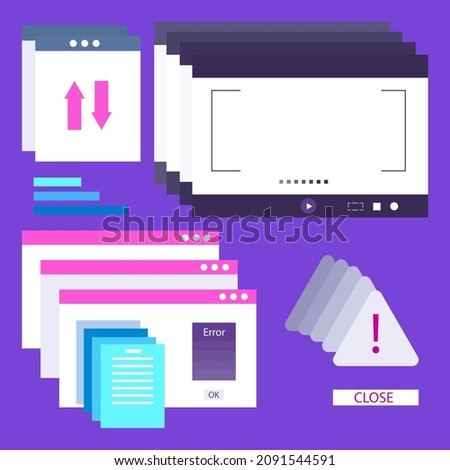 Modal windows. Error pop-up on the computer screen. Old user interface for loading data. Lots of pop-up modal windows of an open application. A digital panel with a bug. Desktop error warning. Vector