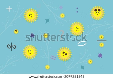 Funny hipsters smile and math. A set of signs and emotions on the faces of flowers of daisies. Happy and surprised smile on a retro background. Geometric shapes and elements of mathematics. Vector
