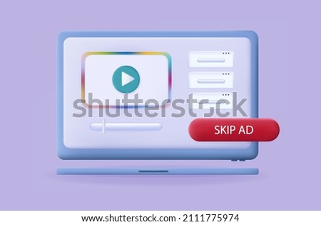 3d button skip ads on a laptop or computer. Apply to stop, continue prohibited. Icon refusal to join, video player. Do not show ads, skip. Click to another tab. Digital element, transition. Vector 