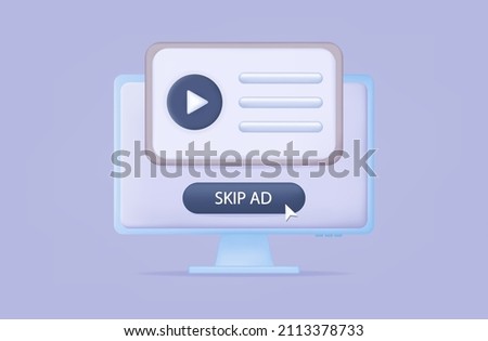 3d button skip ads on the computer. Apply to stop, continue prohibited. Icon refusal to join. Refusal to watch ads, skip. Isolated button on white. Click, go to another tab, stop. Vector illustration