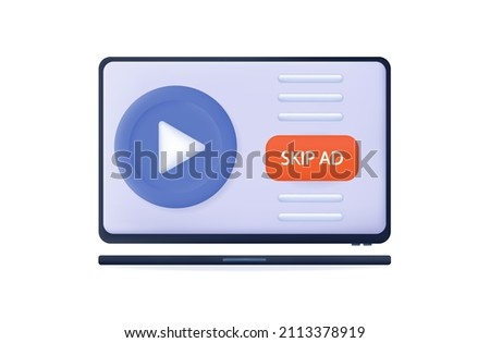 3d button skip ads on the computer. Apply to stop, continue prohibited. Icon refusal to join. Refusal to watch ads, skip. Isolated button on white. Click, go to another tab, stop. Vector illustration