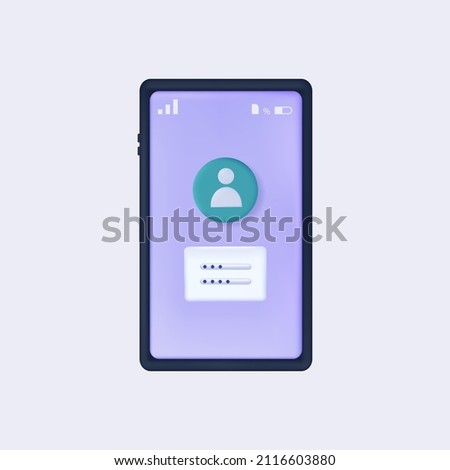 3d user registration. Secure access, login, password. Login to the main page smartphone. Protection of user's personal data, secret code. Authorization, registration online, data verification. Vector