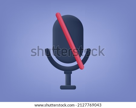 Microphone off. Icon 3d. A device without sound audio recording, interviews. Error playback and volume connection. Mic, headset for speaker, blogger or podcast recording. Vector illustration