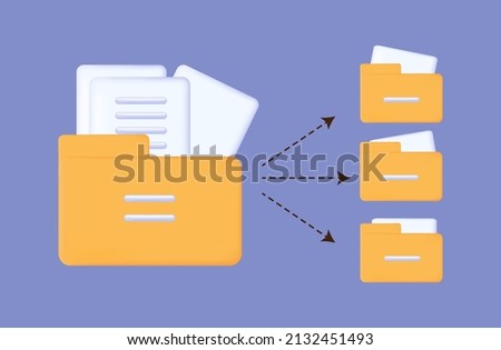 3d transfer folder data. Digital file moving to cloud, another drive. The completed document is archived. Transferring data, loading files. Access, share up information, upload, backup folder. Vector