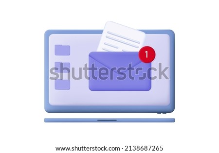 3d outlook email. Open envelope with business document. Incoming correspondence online, message, new contact. Unread email. Notification or reminder on laptop screen, user interface, outlook. Vector 