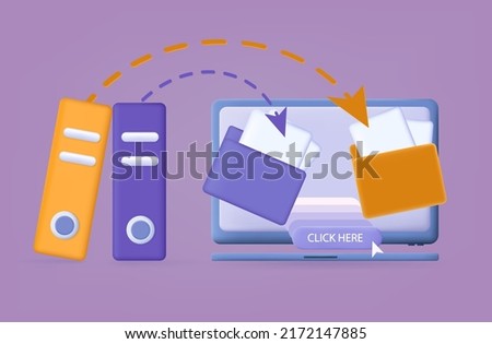 3d transfer folder data. Digital file moving to cloud, another drive. The completed document is archived. Transferring data, loading files. Access, share up information, upload, backup folder. Vector
