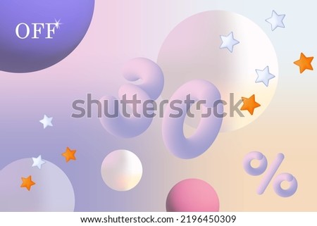 30 off, bonus percent, sales discount. Big cashback, advantageous percentage, holiday gifts. Advertising campaign, selection of a profitable discount, space vector, abstract banner 3d, dusty galaxy.