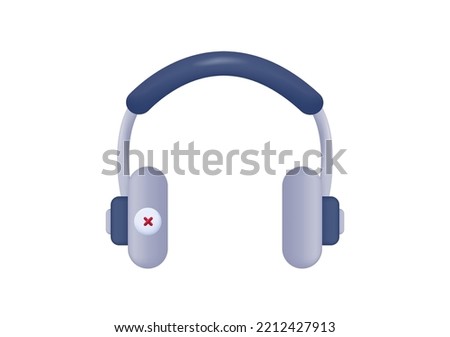 Headphone 3d, sound is turned off. Audio is not audible, technical failure, not working headset. Device for listening to music. Speaker equipment, gadget, support. DJ headphones, radio, call. Vector