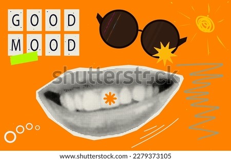 Good mood, halftone art collage. Smile on female lips, positive emotion, bright sunny day, banner, vector background. Modern collage with a happy smile, poster, advertisement of a good, summer mood.