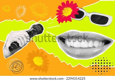 Smile on female lips, halftone art collage. Good mood, positive emotion, bright sunny day, vector banner. Contemporary art collage with a happy smile, poster. Advertisement, announcement. Summer sales