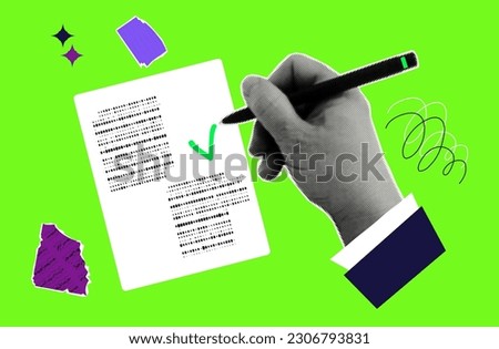 Filling out a document, halftone collage. Submit, approved signing, verification business document, marked with a green tick. Female hand ticks test, quiz, fills out checklist. Correct info. Vector