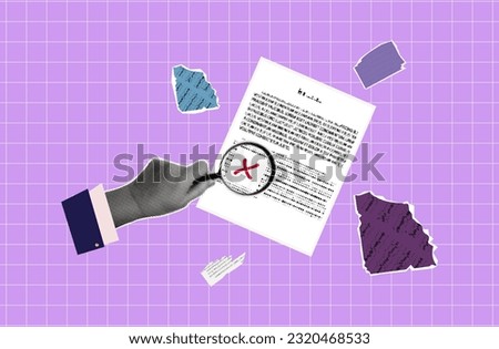Document rejected. Businessman's hand holding a magnifying glass. Proposal, resume, request denied. Red marker sign, cross on paper page. Reject, decline. Contemporary collage art, halftone. Vector.