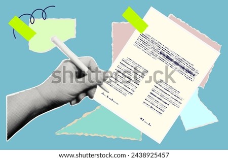 Signing the document. Filling out a contract, report, tax return. A woman's hand writes with a pen on a paper page. Business agreement in halftone style. Contemporary
collage art. Vector illustration.