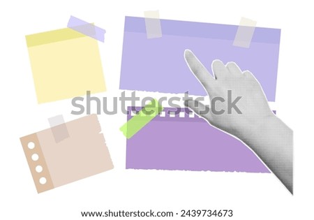 Paper note. Woman's hand points to
advertising, to-do list, blank paper note. News board, reminder, torn page secured with sticky tape. Contemporary collage art in halftone style. Vector illustration.