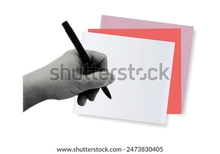 Filling out the document. A woman's hand registers applications. Blank paper page form with envelope, pen. Form with signature, paperwork, tax, financial report, message, letter. File, survey data.