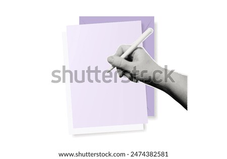 Filling out a paper business document. A woman's hand registers statements. Page of a blank sheet of paper with an envelope, pen. Signing, paperwork, tax, financial report. Contemporary  collage art.